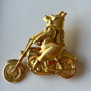 Vintage JJ Jonette Gold Tone Hog On Motorcycle Brooch